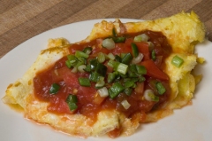 Tomato and Monteray Jack Omelette, topped with Ellen's homemade salsa and Jack's grilled spring onions and peppers